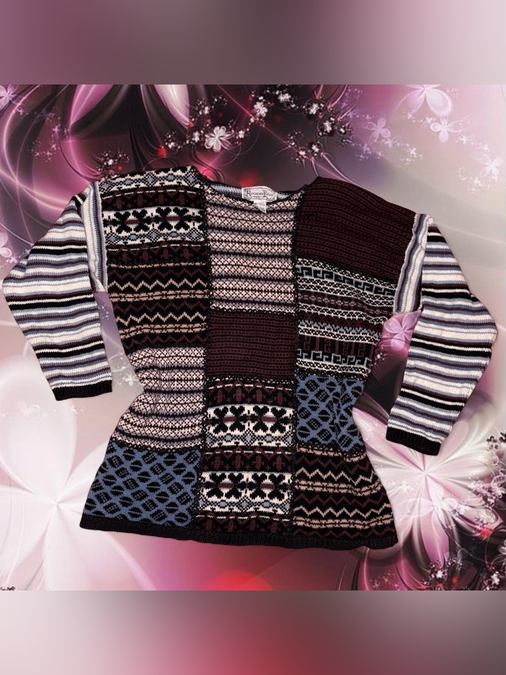 vtg 90s patchwork striped sweater - reference point, sz lg whimsygoth grunge